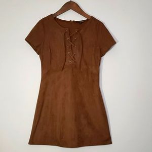 Express Cognac Brown Faux Suede Lace-Up Front Short Sleeve Mini Dress Size 8